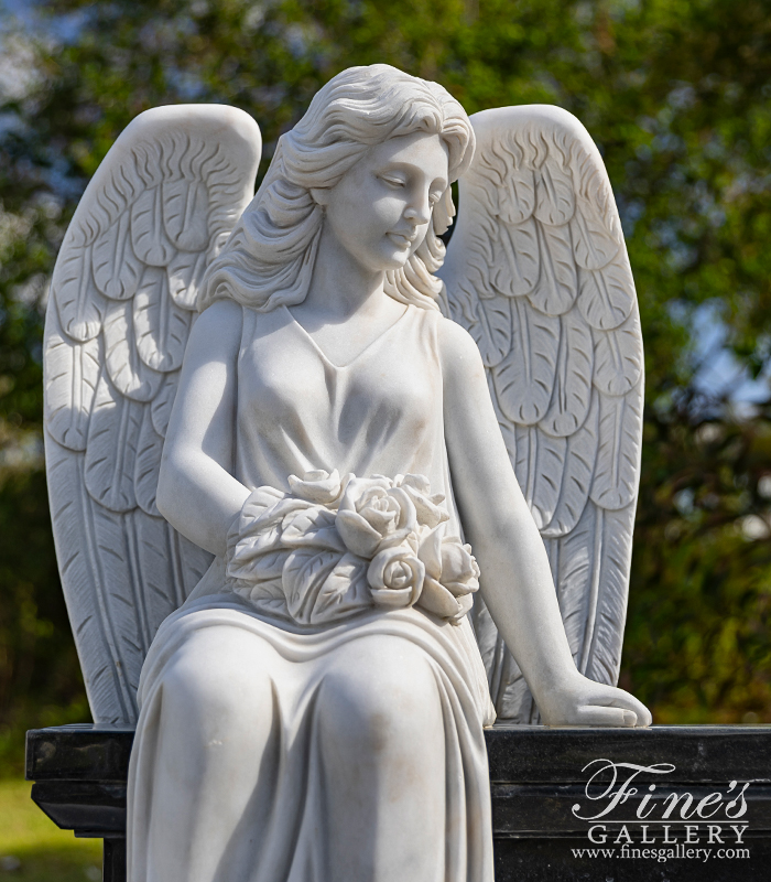 Marble Memorials  - White Marble Angel With Black Granite Bench And Urns - MEM-519